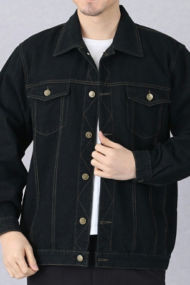 Daily Mens Jacket Plain Chest Pocket Spread Collar Long Sleeve Button Fly Denim Jacket