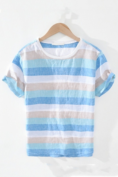 Dashing T-Shirt Stripe Printed Round Neck Short Sleeves T-Shirt for Men
