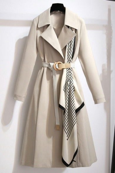 Elegant Womens Jacket Plain Notch Lapel Belted Long Sleeve Draped Long Trench Coat