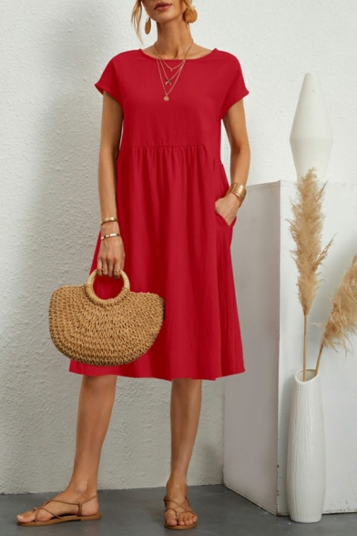 Ladies Fashion Dress Solid Midi Length Round Collar Short Sleeve Relaxed Pleated Dress