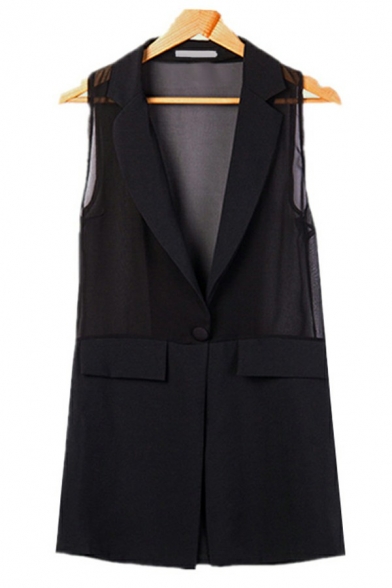 Ladies Simple Suit Vest Pure Color Notched Lapel Collar Pocket Single Button Suit Vest