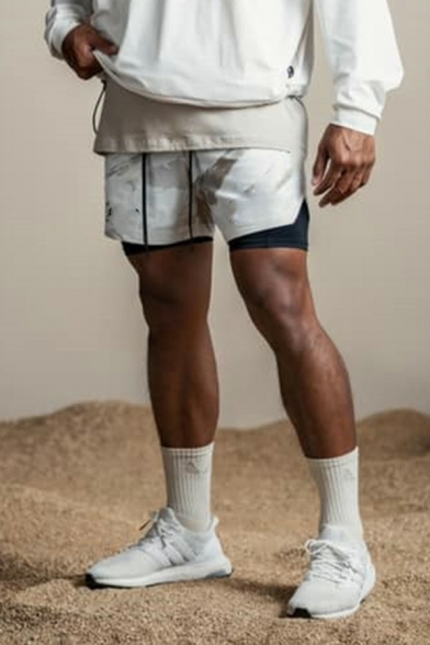 Leisure Men's Shorts Stripe Pattern Side Pocket Drawstring Waist Fake Two Pieces Shorts