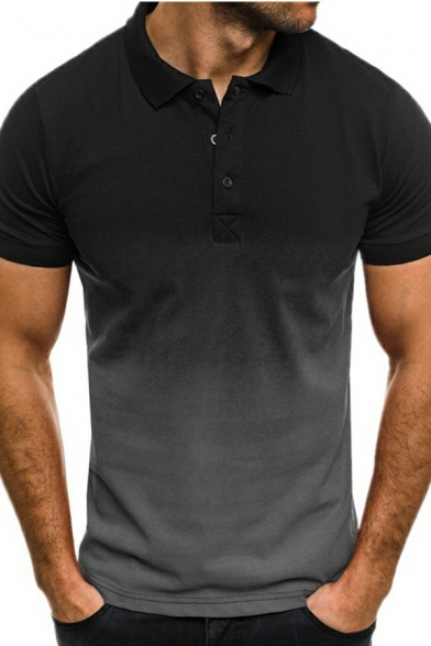 Men Vintage Polo Shirt Ombre Print Short Sleeves Button Polo Shirt