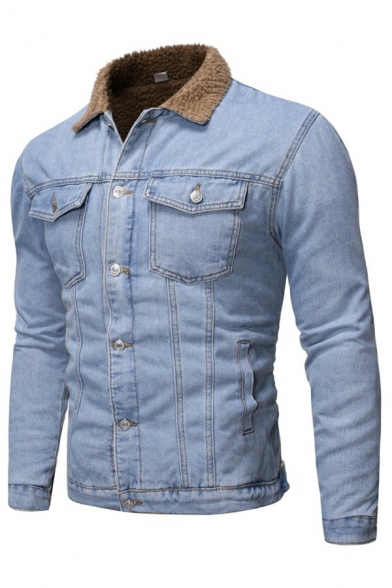 Simple Fleece Jacket Plain Spread Collar Pocket Detail Button Up Brushed Denim Jacket for Men