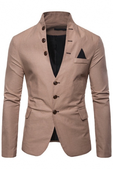 Simple Guy's Blazer Pocket Detail Color Block Stand Collar Button Up Blazer