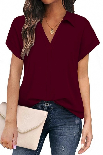 Simple Women T-shirt Solid Color Short Sleeve Spread Collar Relaxed Fit Tee Top