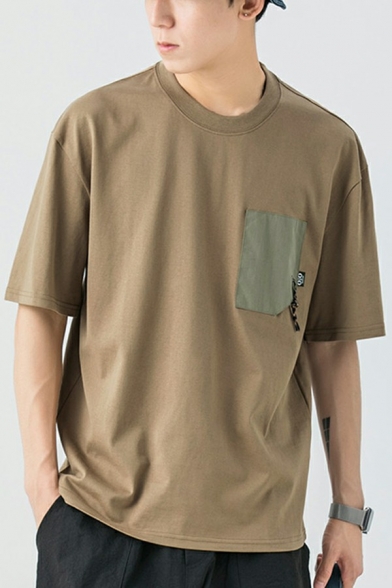 Stylish T-Shirt Contrast Color Patch Pocket Short Sleeve Round Neck Regular Fit T-Shirt for Men