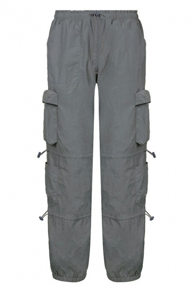 Trendy Cargo Drawstring Plain Pants Low Rise Pocket Detail Cargo Pants for Women