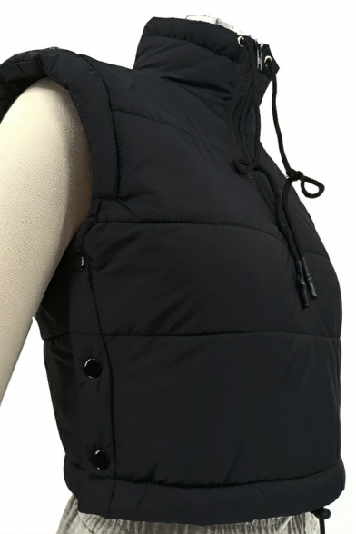 Vintage Women Drawstring Vest Stand Collar Pure Color Zip Detail Regular Fit Vest