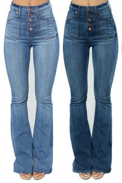 Vintage Women Solid Color Jeans High Rise Pocket Detail Button Placket Jeans