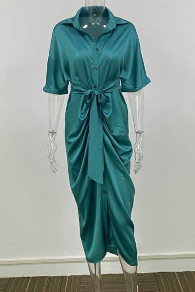 Women Fashionable Dress Plain Turn-down Collar Half Sleeve Maxi Dress