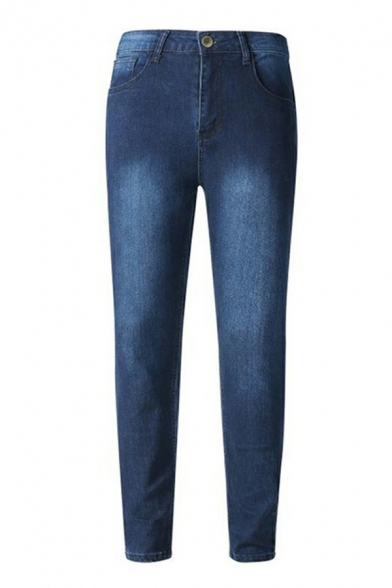 Basic Men's Jeans Solid Color Zipper Placket Full Length Slim Fit Jeans with Pocket