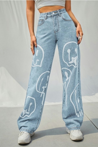 Chic Ladies Jeans Face Print Pockets Zip Placket High Waist Long Length Jeans