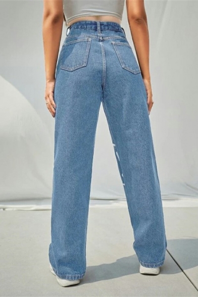 Chic Ladies Jeans Face Print Pockets Zip Placket High Waist Long Length Jeans