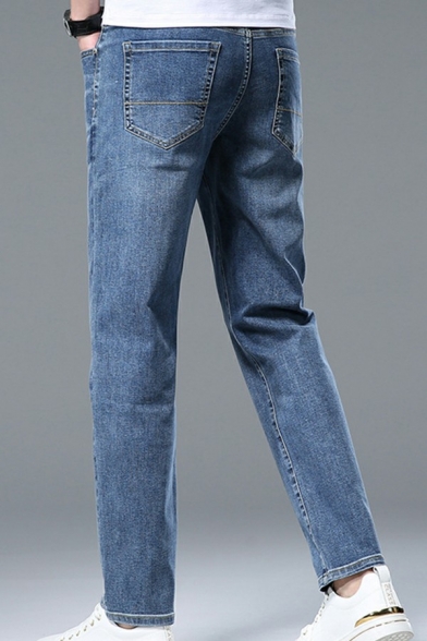 Classic Jeans Solid Color Zipper Placket Full Length Regular Fit Bleach Side Pocket Jeans for Guys