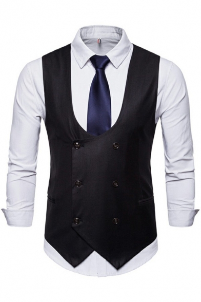 Classic Vest Plain U-Neck Pocket Detail Double Breasted Suit Vest for Men