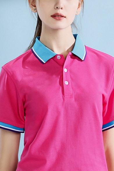 Classic Women Polo Shirt Color Block Contrast Collar Short Sleeve Polo Shirt