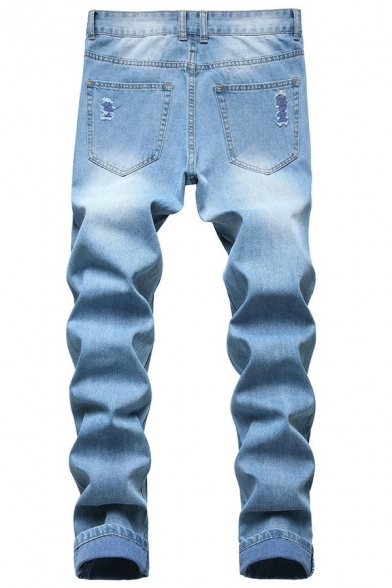 Daily Mens Jeans Plain Ripped Design Medium Wash Mid Rise Zipper Placket Full Length Jeans