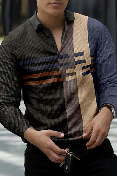Dashing Polo Shirt 3D Pattern Zip-up Long Sleeve Spread Collar Polo Shirt for Men