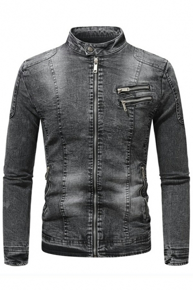 Men Basic Denim Jacket Plain Stand Collar Zipper Closure Pocket Detail Bleach Denim Jacket