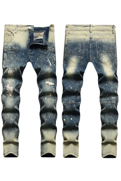 Men Basic Jeans Faded Effect Printed Zip Fly Pocket Detail Distressed Denim Pants in Blue
