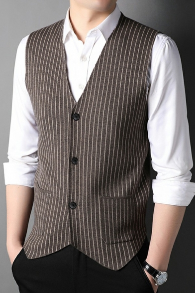 Men Casual Suit Vest Stripe Print Pocket V Neck Regular Button down Suit Vest