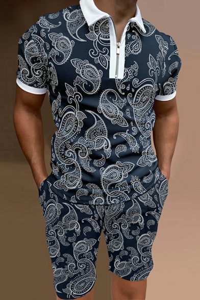 Men Urban Polo Shirt Paisley Printed Zipper Detail Short Sleeve Regular Fitted Polo Shirt