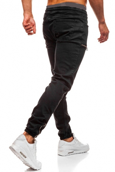 Mens Casual Jeans Plain Drawstring Waist Mid Rise Long Length Pocket Jeans