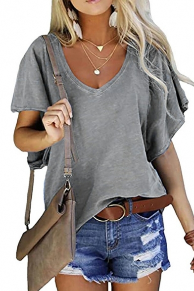 Simple Women T-shirt Pure Color Short Sleeve V-Neck Irregular Hem Tee Top
