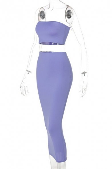 Stylish Ladies Co-ords Pure Color Bandeau Crop Tee & High Waist Midi Bodycon Skirt