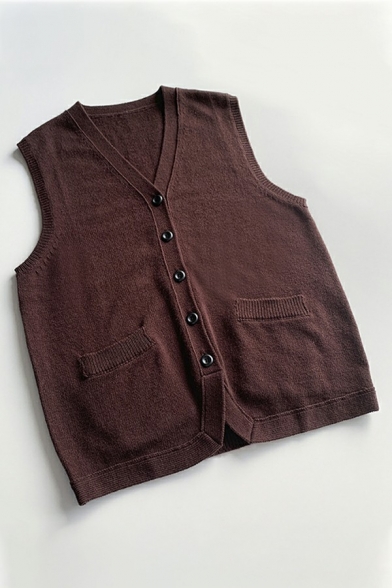 Women Popular Vest Plain Button Closure Fitted Knit Knitted Vest