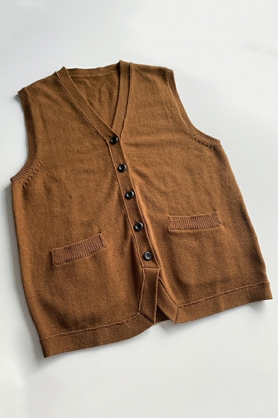 Women Popular Vest Plain Button Closure Fitted Knit Knitted Vest