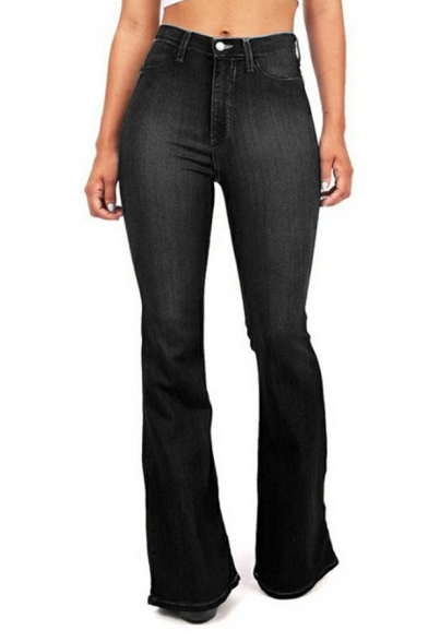 Women's Trendy Jeans Pure Color High Rise Pocket Detail Zip Placket Jeans