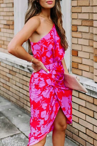 Women Street Look Dress Floral Printed One Shoulder V-neck Regular Fit Midi Dress