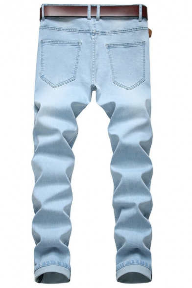 Casual Mens Jeans Mandarin Duck Print Medium Wash Pocket Detail Zipper Placket Full Length Jeans