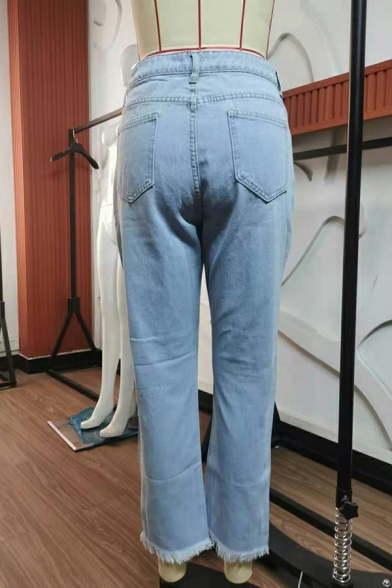 Casual Women Plain Jeans Mid Rise Pocket Detail Zip Placket Split Design Jeans