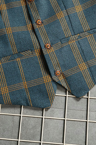 Classic Blue Suit Vest Plaid Pattern Button Closure V-Neck Pocket Suit Vest for Guys