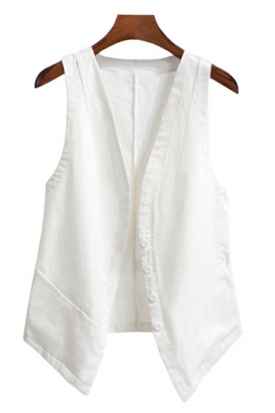 Classic Ladies Vest Whole Colored Deep V-Neck Button Closure Linen Vest