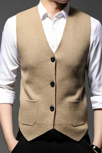 Classic Men's Suit Vest Pure Color Button Closure V-Neck Pocket Detail Suit Waistcoat
