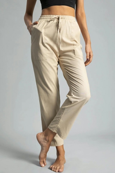 Daily Drawstring Plain Pants High Rise Pocket Detail Straight Fit Pants for Women
