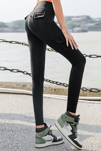 Fancy Womens Yoga Leggings Plain Flap Pocket Elastic High Waist Workout Leggings