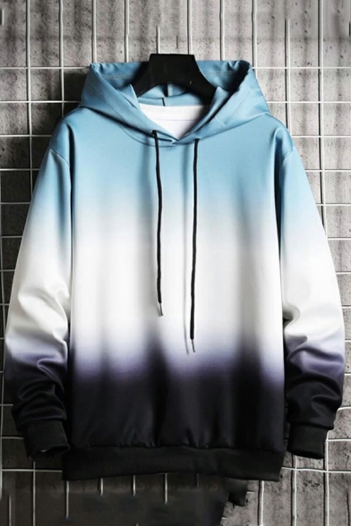 Guys Comfortable Drawstring Hoodie Ombre Print Rib Cuffs Loose Fit Hoodie