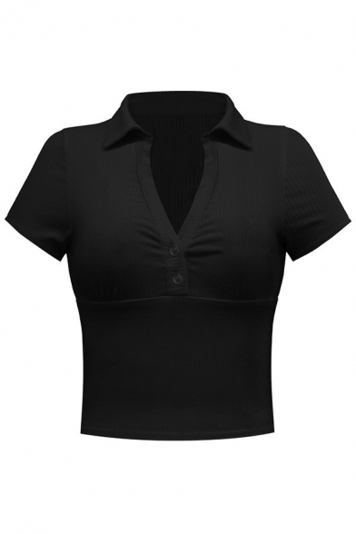 Hot Womens Polo Shirt Solid Color V Neck Button Detail Short Sleeve Ribbed Polo Shirt