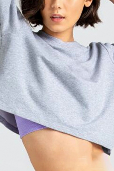 Ladies Creative Sweatshirt Solid Color Round Neck Loose Cropped Sweatshirt