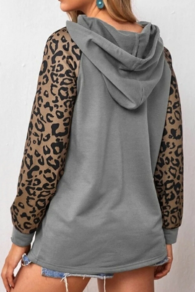 Ladies Girlish Hoodie Contrast Leopard Drawcord Relaxed Hoodie