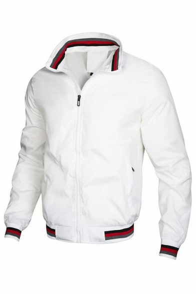 Leisure Men Jacket Contrast Stripe Pocket Long-sleeved Spread Collar Zip down Jacket