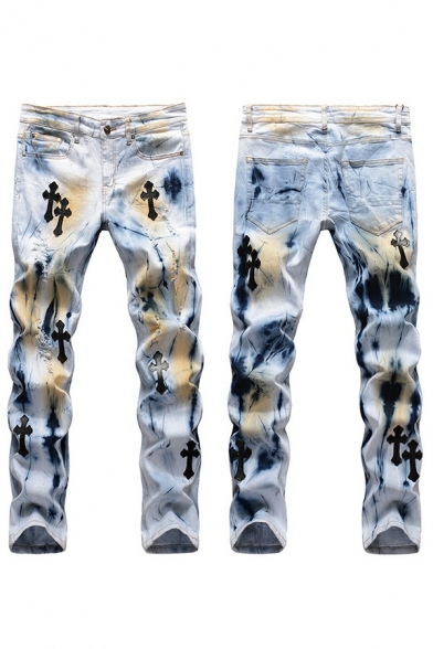 Men Trendy Jeans Cross Print Zip Fly Pocket Detail Denim Pants
