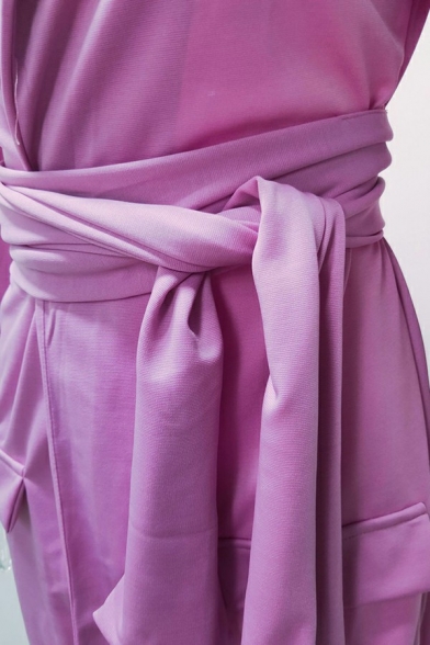 Original Ladies Dress Pure Color Lapel Collar Mini Length Long Sleeves Lace Up Dress