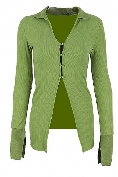 Retro Ladies Cardigan Pure Color Spread Collar Button Up Tunic Cardigan