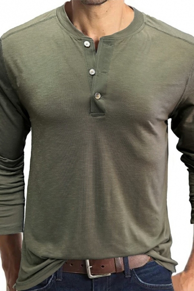 Simple Plain T-Shirt Long Sleeve V-Neck Button Detail Regular Fit T-Shirt for Men
